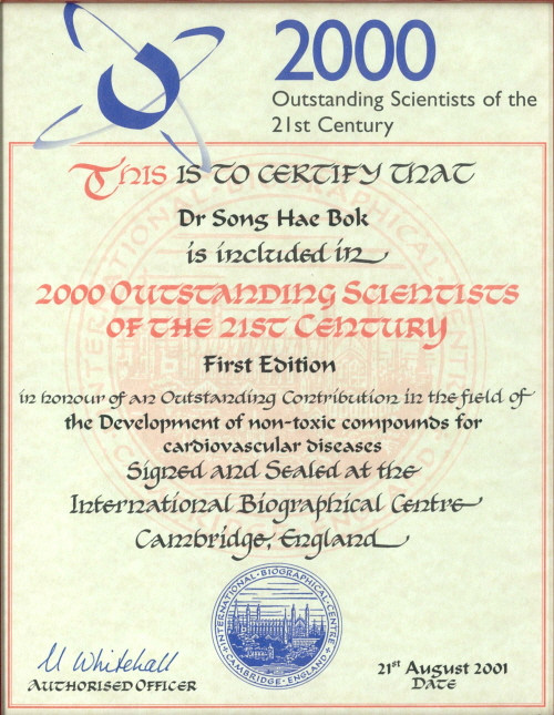 Selected as one of 2000 outstanding scientists of 21st Century 2001