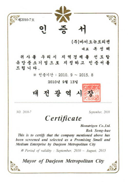 Сертификат Перспективного Предприятия малого и среднего бизнеса 2010